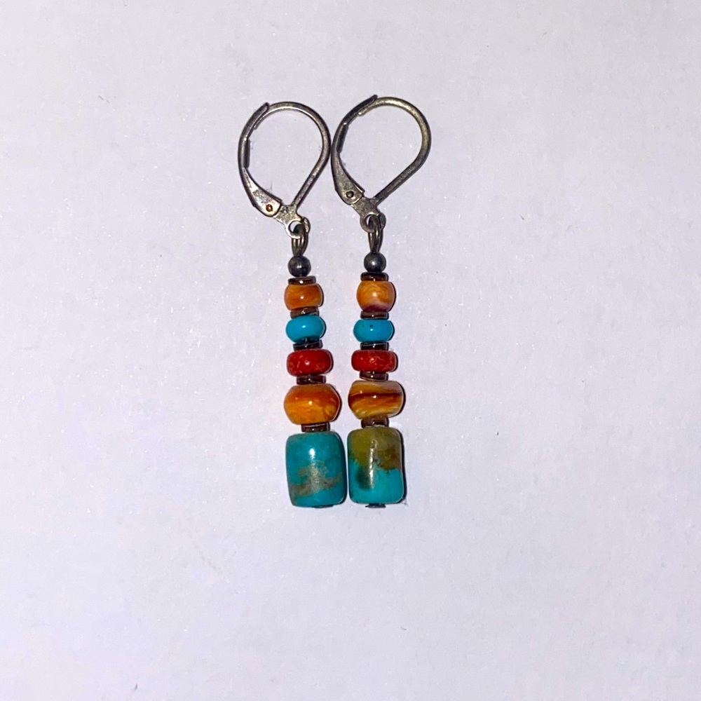 Natural Turquoise and Red Coral Huggie Earrings